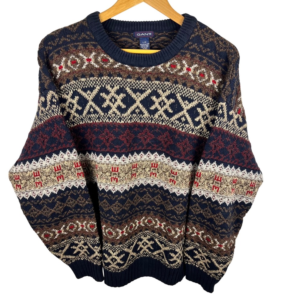 Vintage Fair Isle Sweater Mens Large Blue Thick 100% Cotton Indie Academia Indie